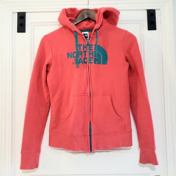 The North Face Womens XS 4 Embroidered Zip Hoodie Fleece Lined Coral Teal Jacket - Picture 9 of 15